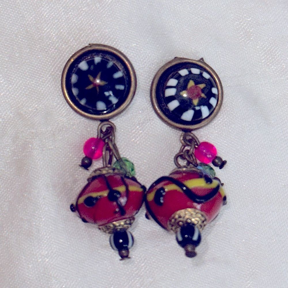 Boho multi colored painted stone & bead drop post‎ earrings